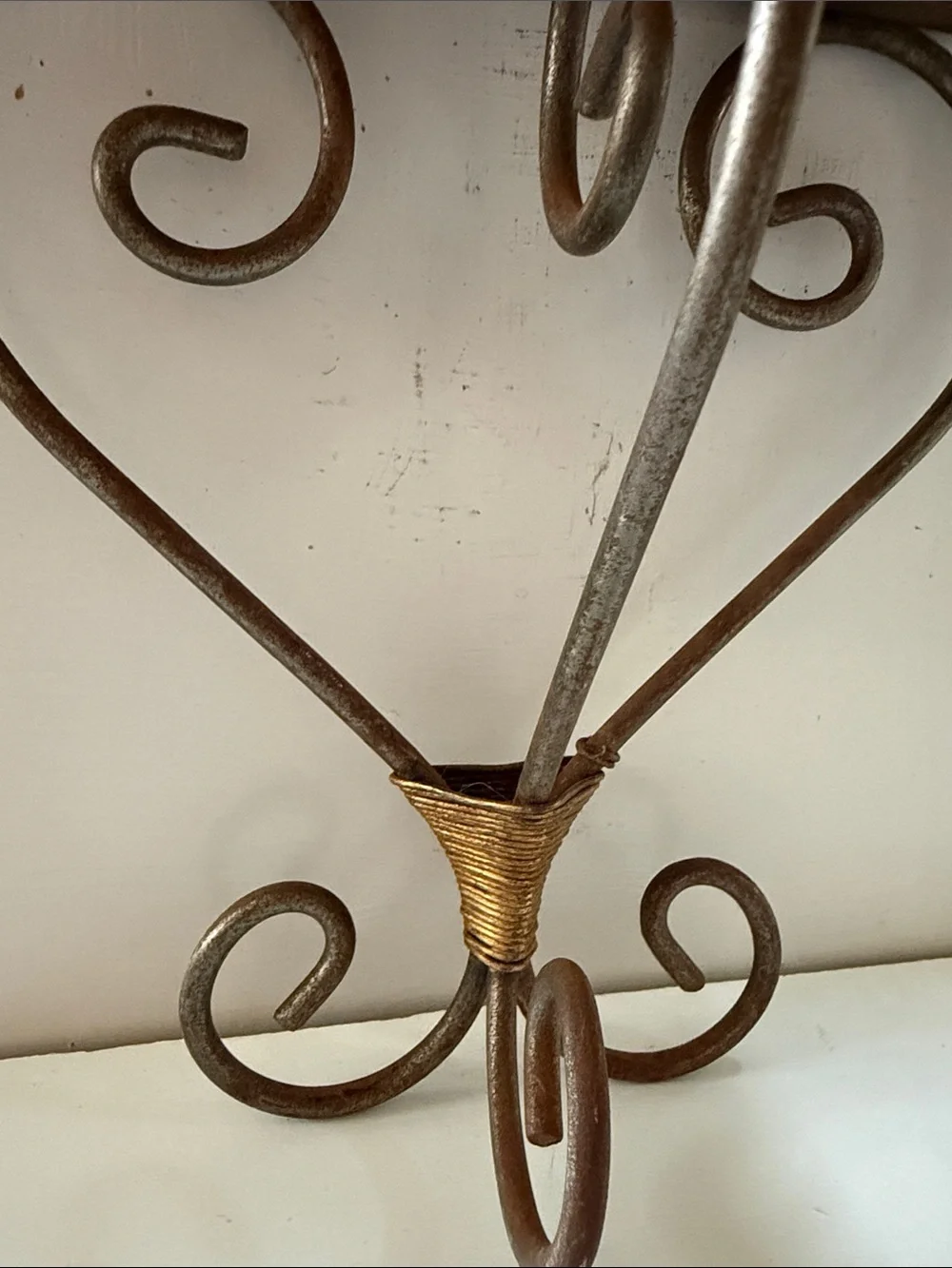 Brown Solid Wood and Metal Wall Shelf with Decorative Scroll Bracket Vintage